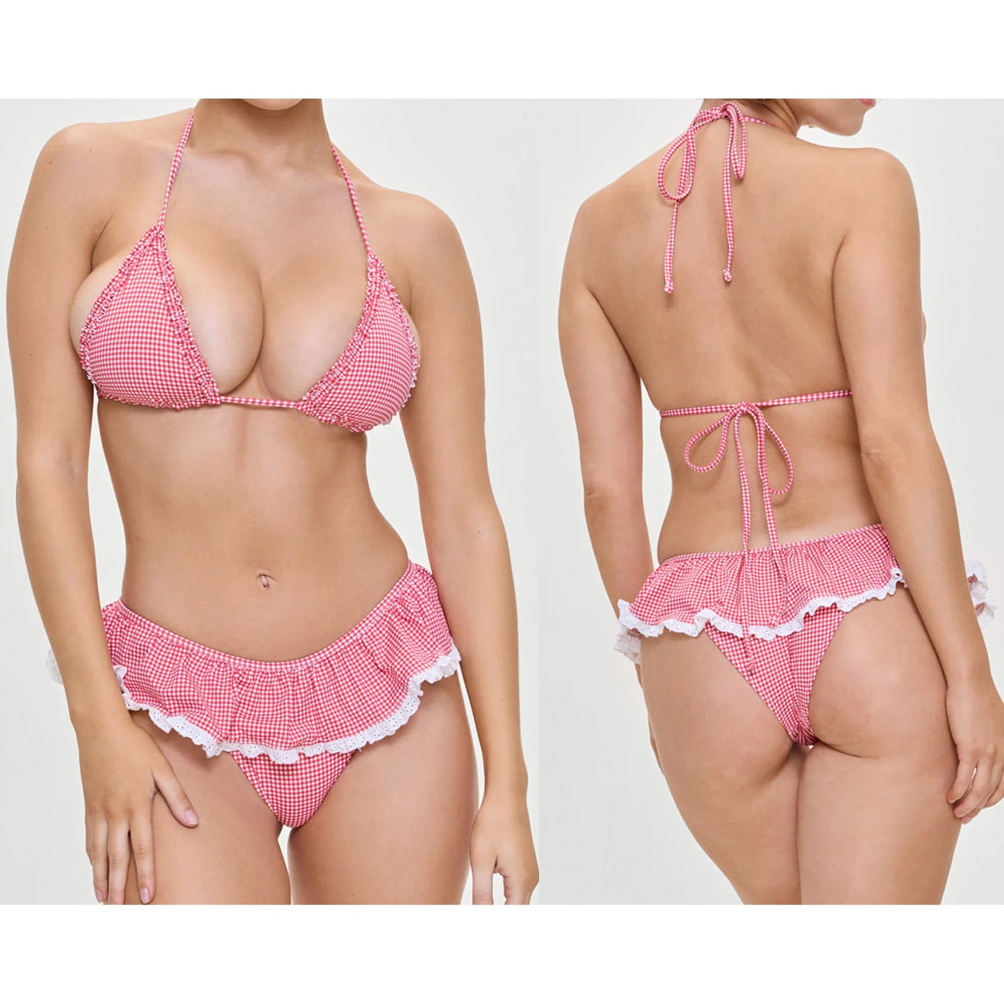 Combhasaki-Conjunto de Bikini de 2 piezas para mujer, traje de baño con cordones, cuello Halter, ribete de volantes, sujetador acolchado + falda de Tanga, traje de baño de verano