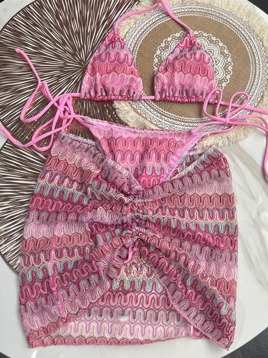 Traje de baño para mujer Falda de bikini de punto Conjunto de tres piezas