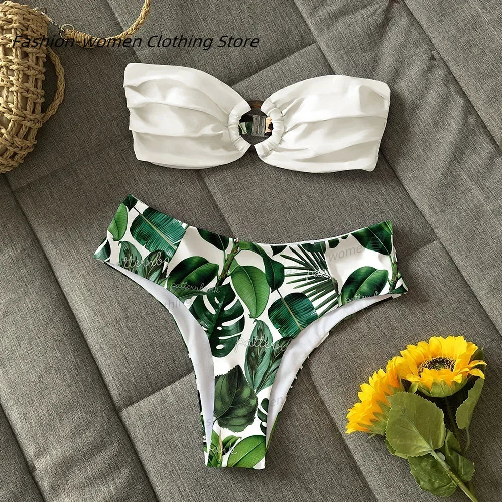 Bikini, traje de baño para mujer, conjunto de Bikini estampado de cintura alta