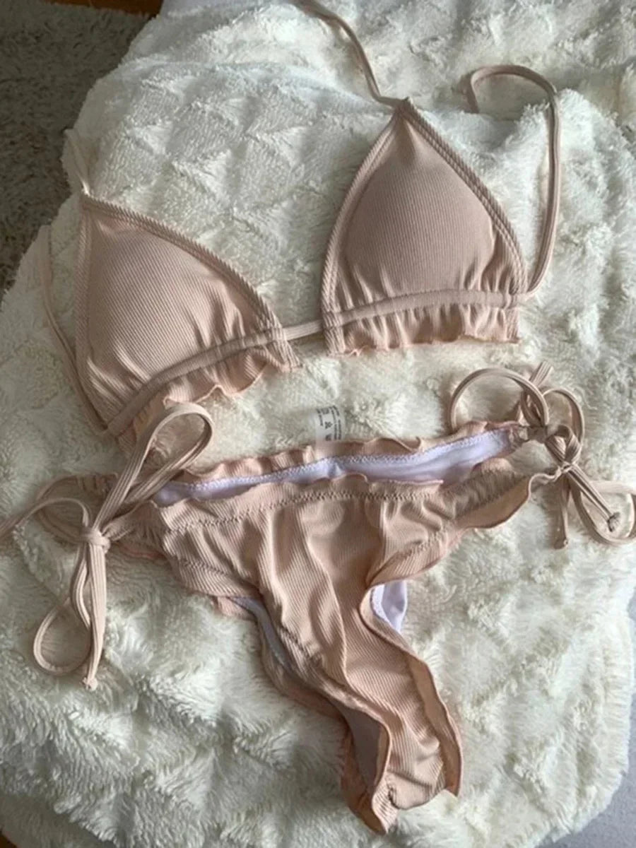 Bikini brasileño acanalado con volantes para mujer, traje de baño femenino, conjunto de Bikini de dos piezas, traje de baño con cordón Halter