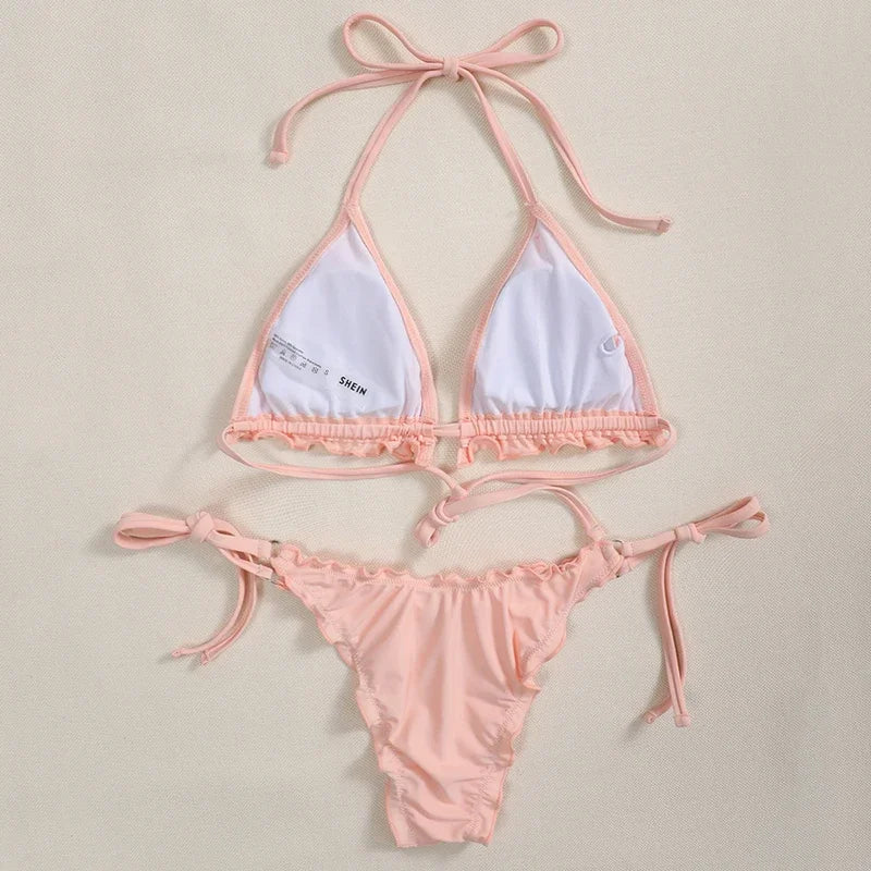 Bikini brasileño acanalado con volantes para mujer, traje de baño femenino, conjunto de Bikini de dos piezas, traje de baño con cordón Halter