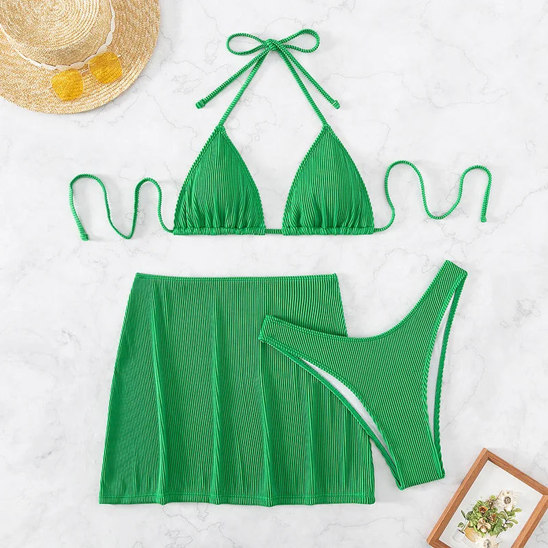 Bikinis acanalados de 3 piezas, traje de baño triangular con cuello Halter