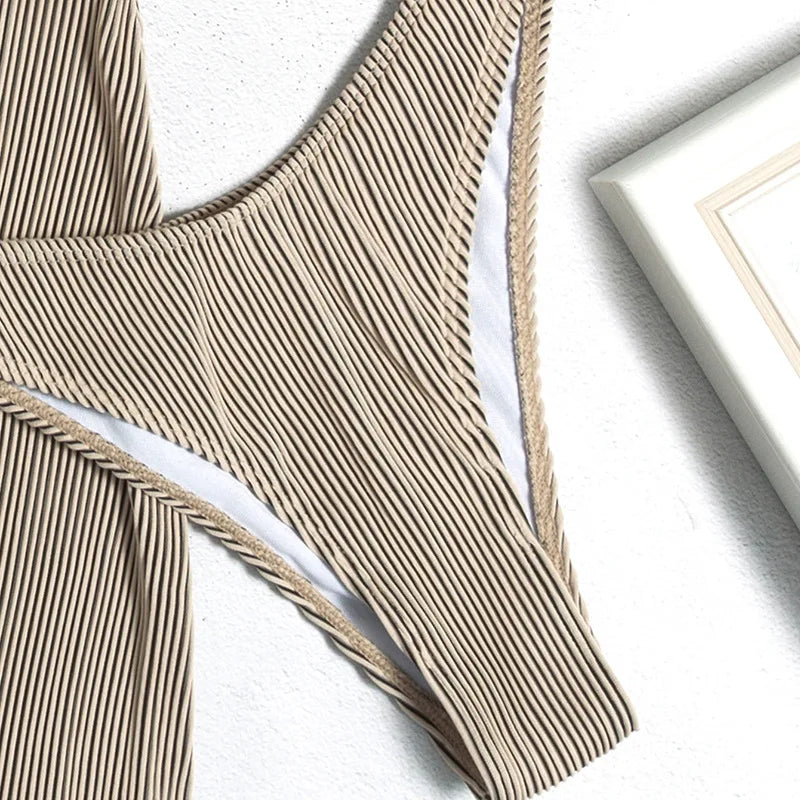 Bikinis acanalados de 3 piezas, traje de baño triangular con cuello Halter