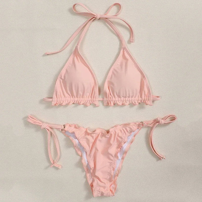 Bikini brasileño acanalado con volantes para mujer, traje de baño femenino, conjunto de Bikini de dos piezas, traje de baño con cordón Halter