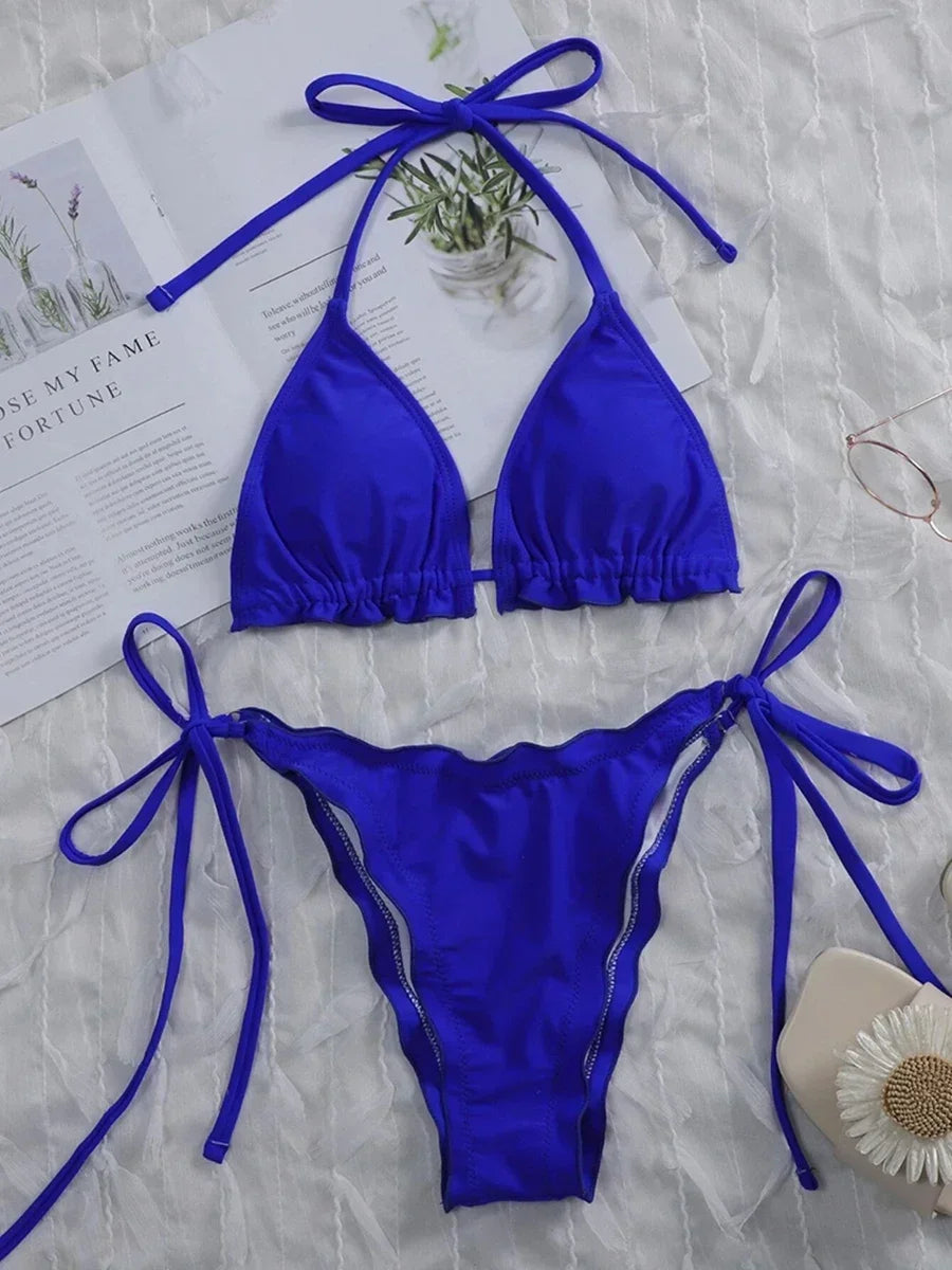 Bikini brasileño acanalado con volantes para mujer, traje de baño femenino, conjunto de Bikini de dos piezas, traje de baño con cordón Halter