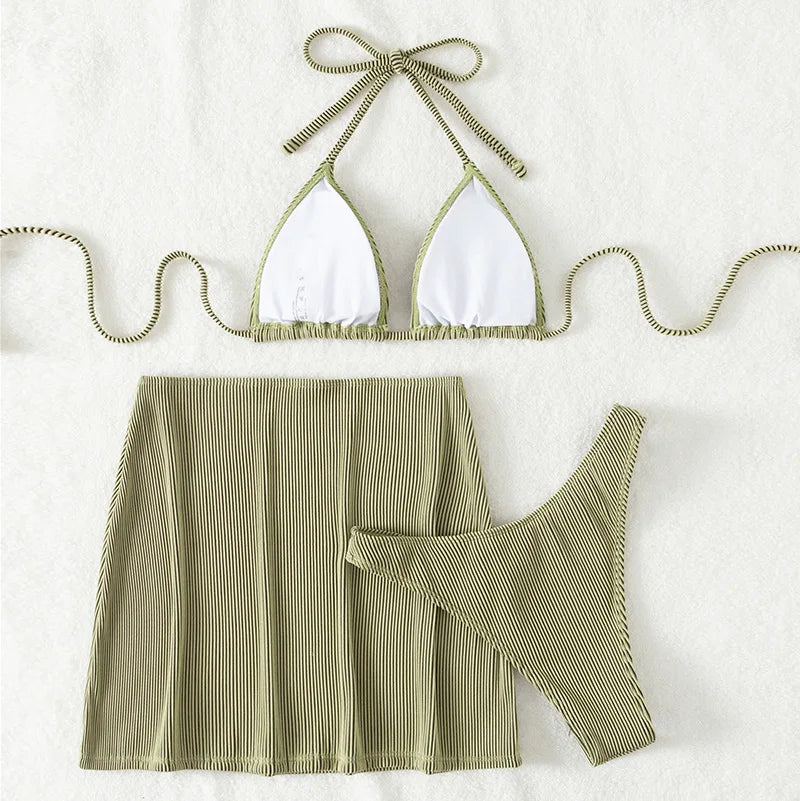 Bikinis acanalados de 3 piezas, traje de baño triangular con cuello Halter