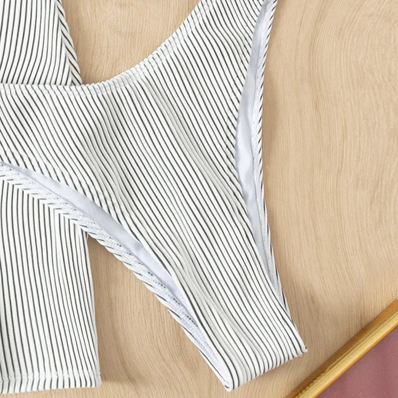 Bikinis acanalados de 3 piezas, traje de baño triangular con cuello Halter