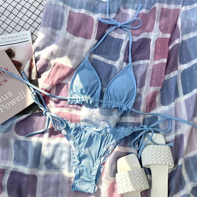 Bikini brasileño acanalado con volantes para mujer, traje de baño femenino, conjunto de Bikini de dos piezas, traje de baño con cordón Halter