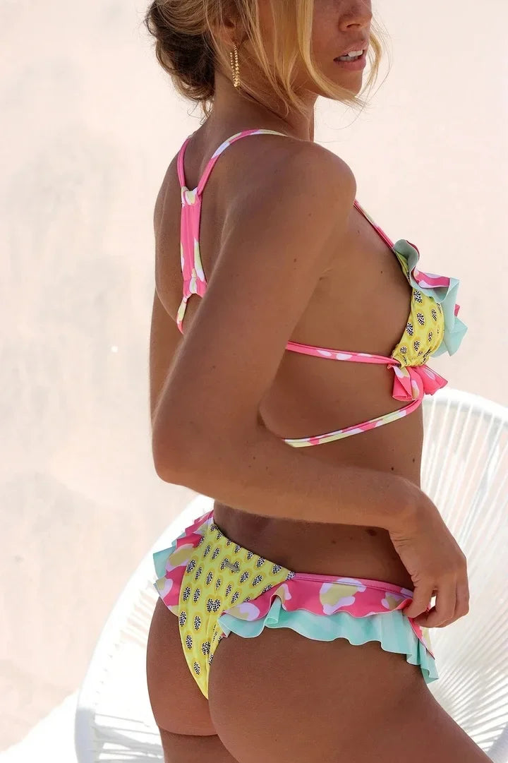 Bikini brasileño con volantes para mujer, traje de baño Sexy con Push-Up, Tanga con cuello Halter, conjunto de Bikini brasileño, bañador