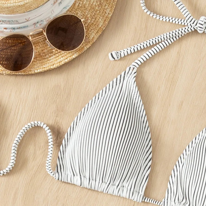 Bikinis acanalados de 3 piezas, traje de baño triangular con cuello Halter