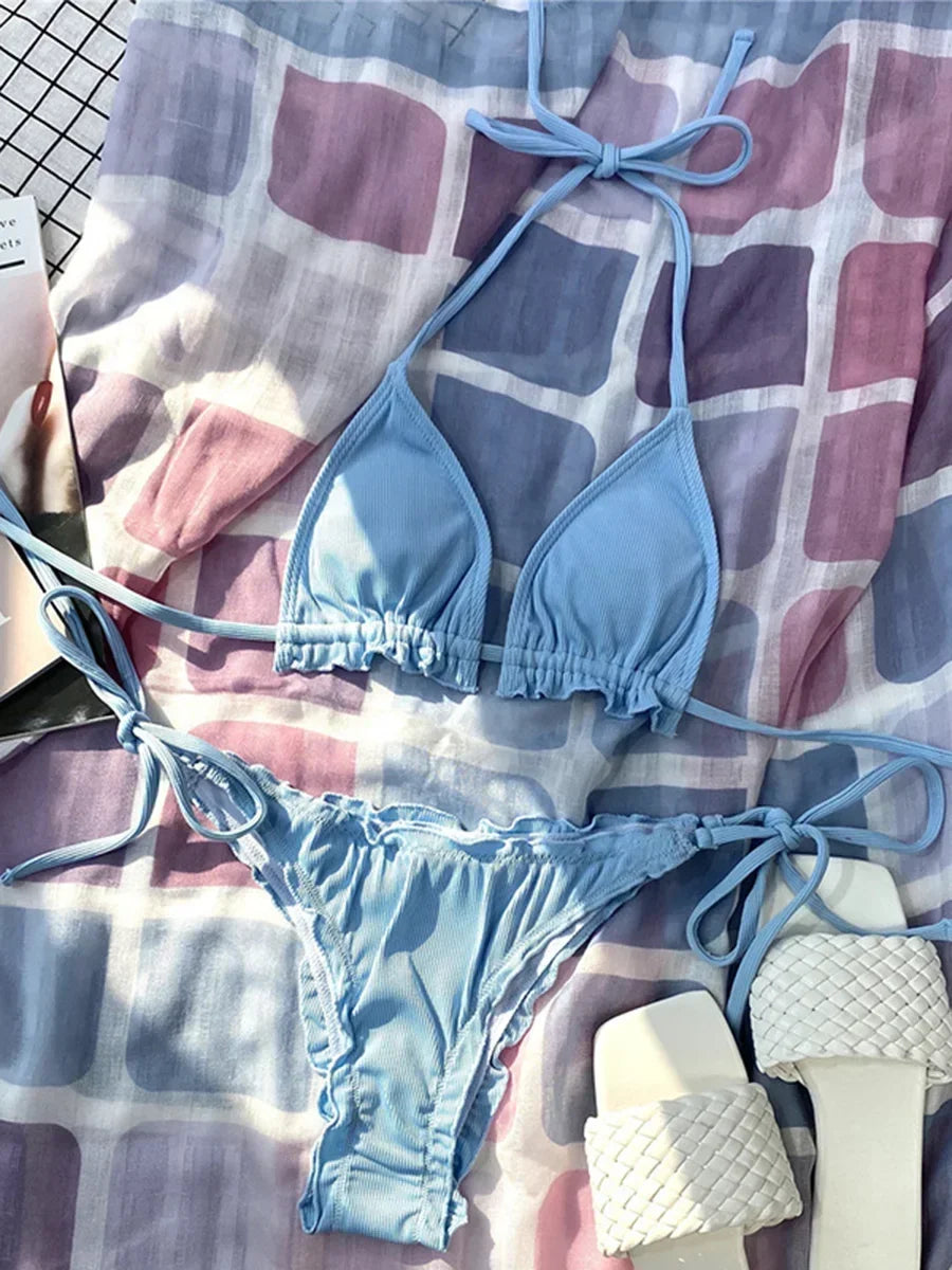 Bikini brasileño acanalado con volantes para mujer, traje de baño femenino, conjunto de Bikini de dos piezas, traje de baño con cordón Halter