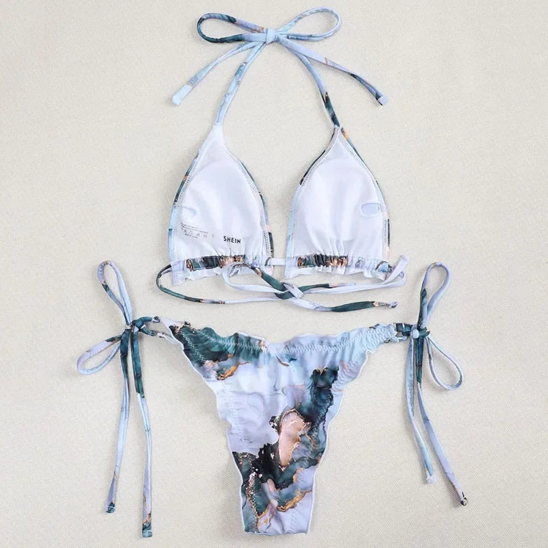 Bikini brasileño acanalado con volantes para mujer, traje de baño femenino, conjunto de Bikini de dos piezas, traje de baño con cordón Halter