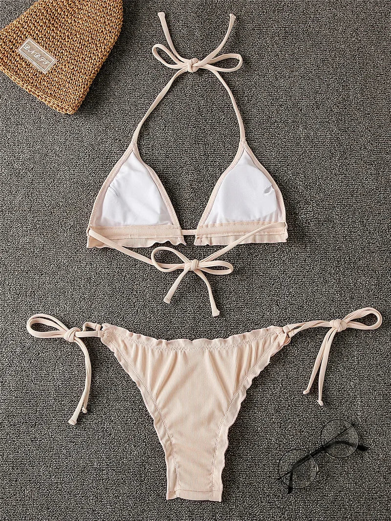 Bikini brasileño acanalado con volantes para mujer, traje de baño femenino, conjunto de Bikini de dos piezas, traje de baño con cordón Halter