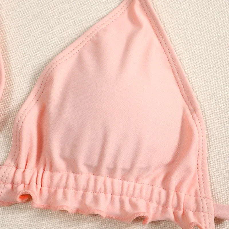 Bikini brasileño acanalado con volantes para mujer, traje de baño femenino, conjunto de Bikini de dos piezas, traje de baño con cordón Halter