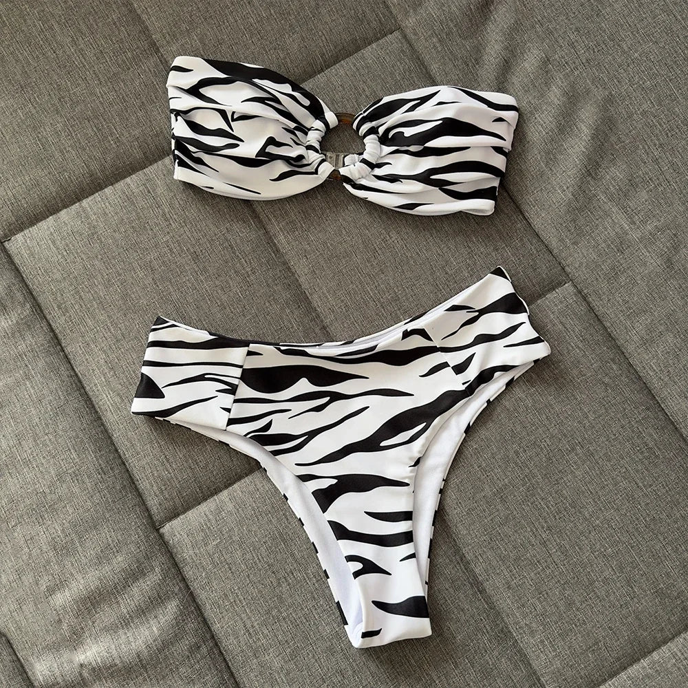 Bikini, traje de baño para mujer, conjunto de Bikini estampado de cintura alta