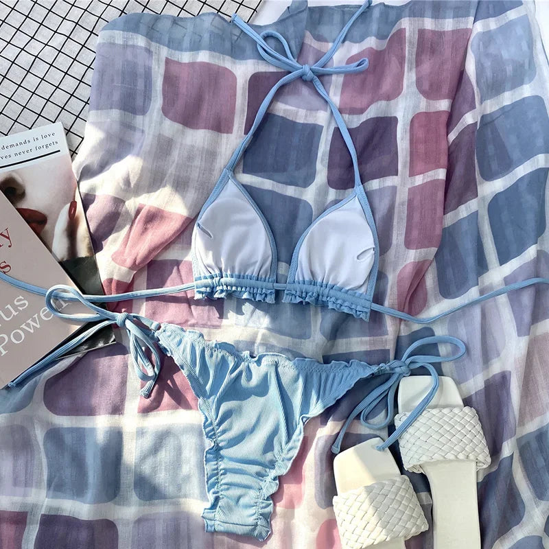 Bikini brasileño acanalado con volantes para mujer, traje de baño femenino, conjunto de Bikini de dos piezas, traje de baño con cordón Halter