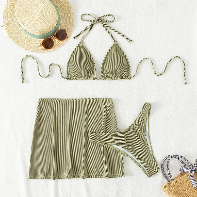 Bikinis acanalados de 3 piezas, traje de baño triangular con cuello Halter