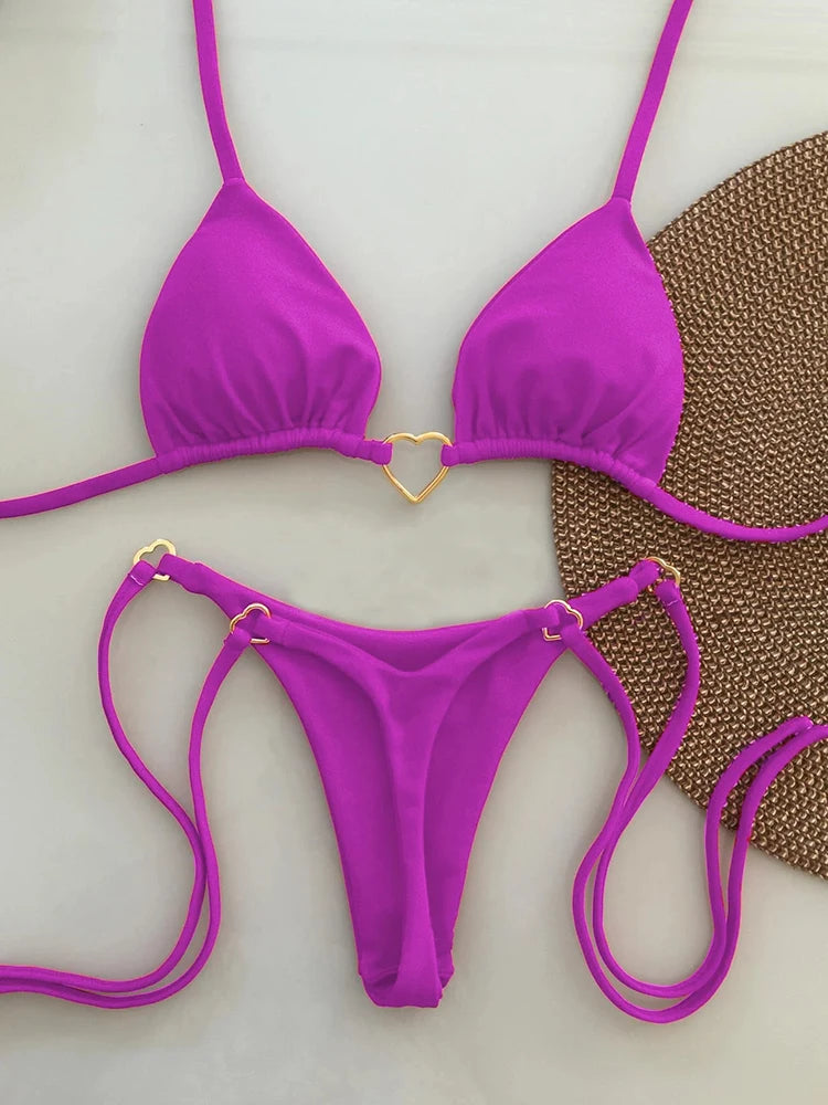 Conjunto de bikini sexy de cintura baja para mujer, traje de baño de verano de color sólido con lazo en la parte delantera y top acolchado para vacaciones en la playa