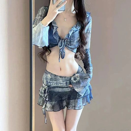 Bikini Traje de baño Moda Retro Denim Azul Bikini de cuatro piezas