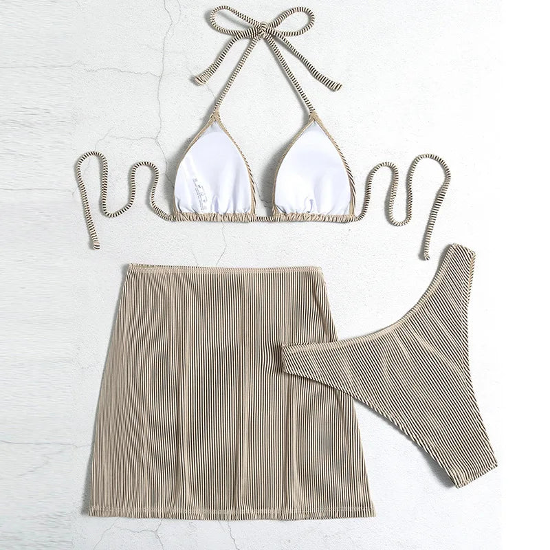 Bikinis acanalados de 3 piezas, traje de baño triangular con cuello Halter