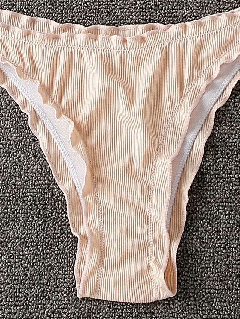 Bikini brasileño acanalado con volantes para mujer, traje de baño femenino, conjunto de Bikini de dos piezas, traje de baño con cordón Halter