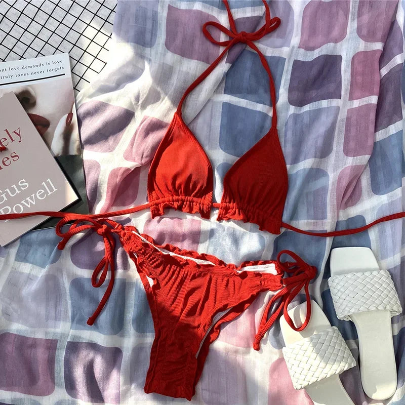 Bikini brasileño acanalado con volantes para mujer, traje de baño femenino, conjunto de Bikini de dos piezas, traje de baño con cordón Halter