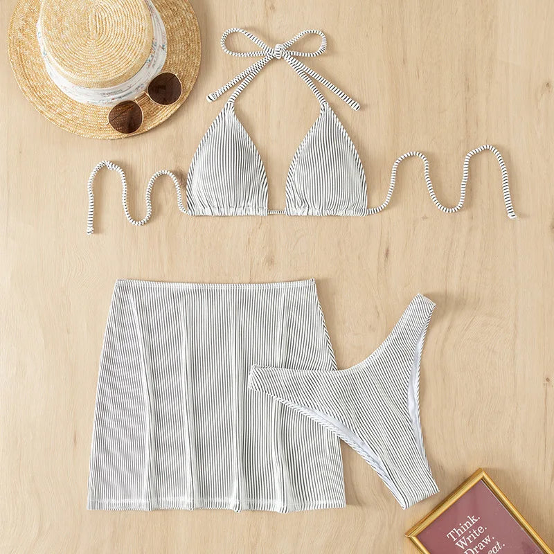 Bikinis acanalados de 3 piezas, traje de baño triangular con cuello Halter