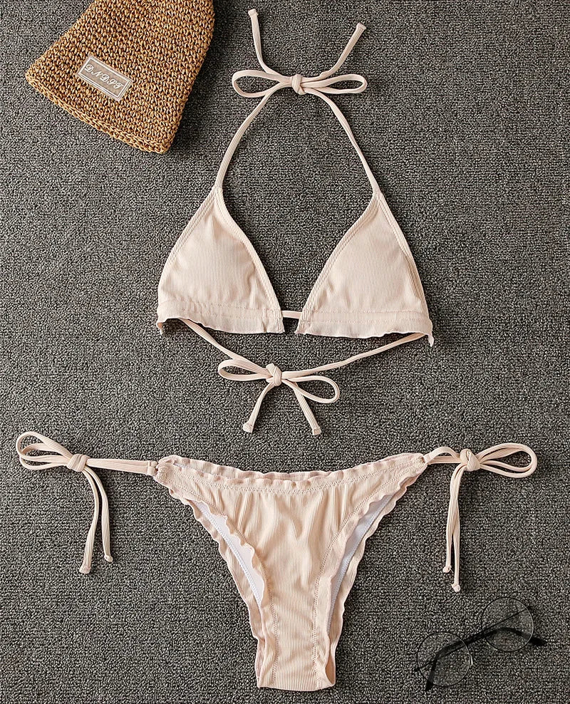 Bikini brasileño acanalado con volantes para mujer, traje de baño femenino, conjunto de Bikini de dos piezas, traje de baño con cordón Halter