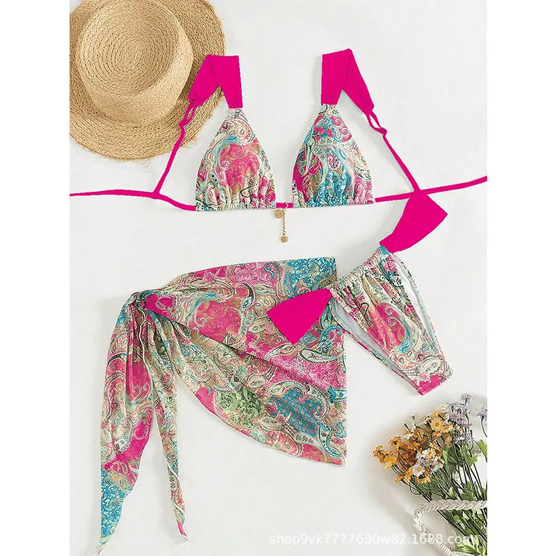 Conjunto de Bikinis sexys para mujer, traje de baño sin espalda sin mangas con cordones, traje de baño de verano para vacaciones en la playa, traje de baño femenino de 3 piezas