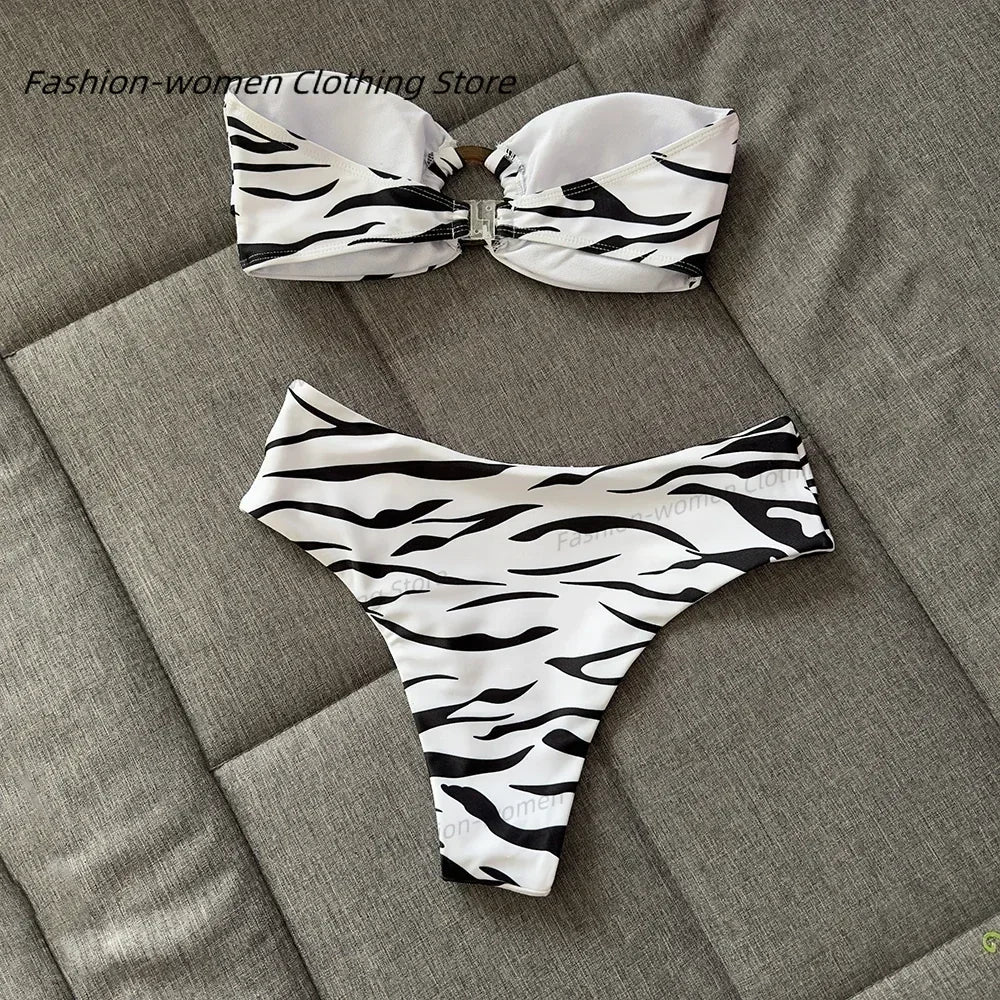 Bikini, traje de baño para mujer, conjunto de Bikini estampado de cintura alta