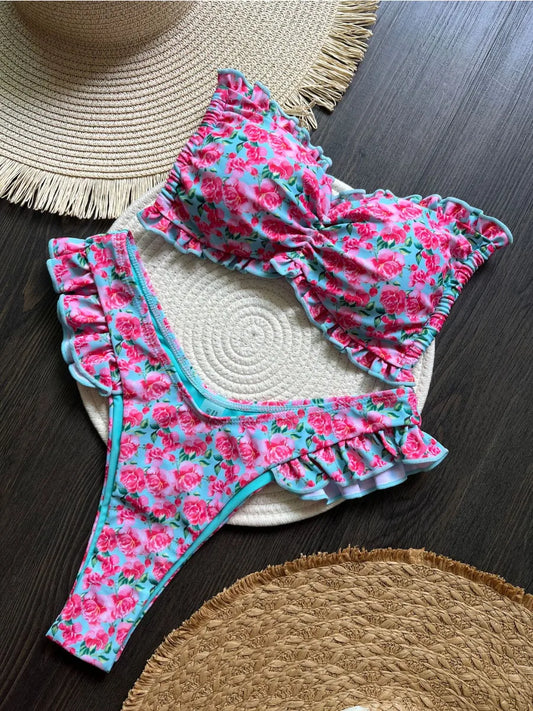 Conjunto de Bikini con volantes y estampado de flores para mujer