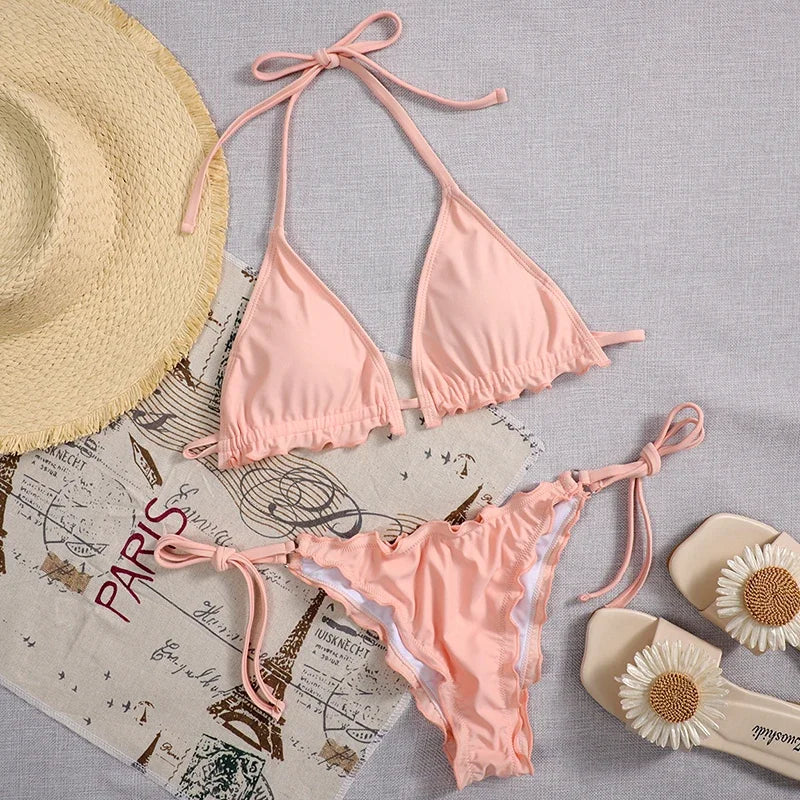 Bikini brasileño acanalado con volantes para mujer, traje de baño femenino, conjunto de Bikini de dos piezas, traje de baño con cordón Halter