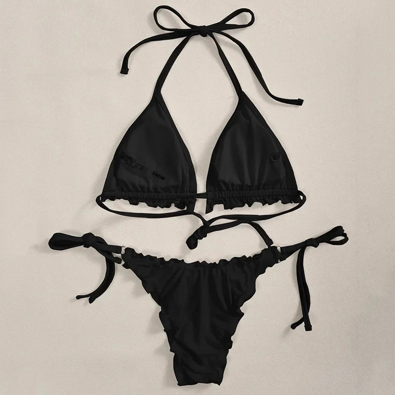 Bikini brasileño acanalado con volantes para mujer, traje de baño femenino, conjunto de Bikini de dos piezas, traje de baño con cordón Halter