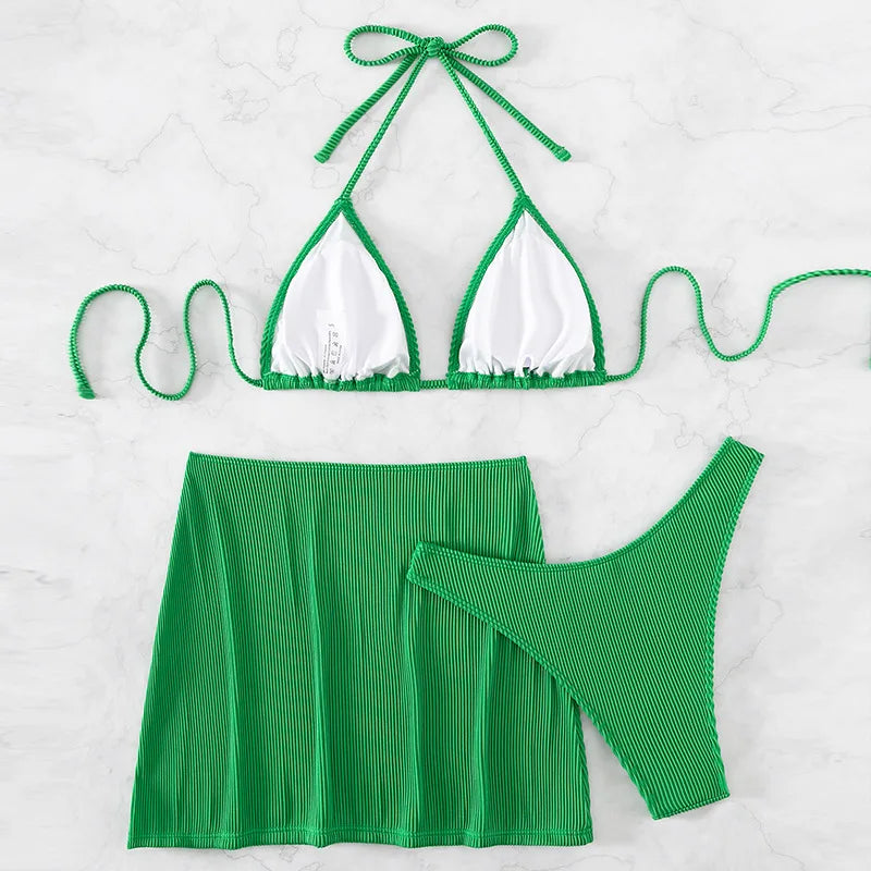 Bikinis acanalados de 3 piezas, traje de baño triangular con cuello Halter