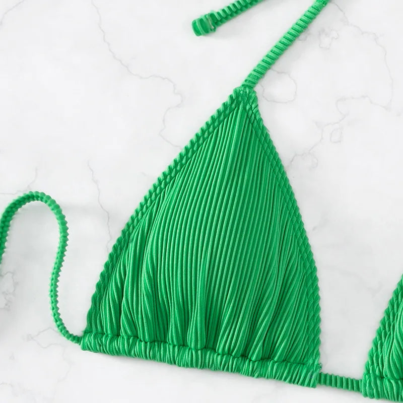Bikinis acanalados de 3 piezas, traje de baño triangular con cuello Halter