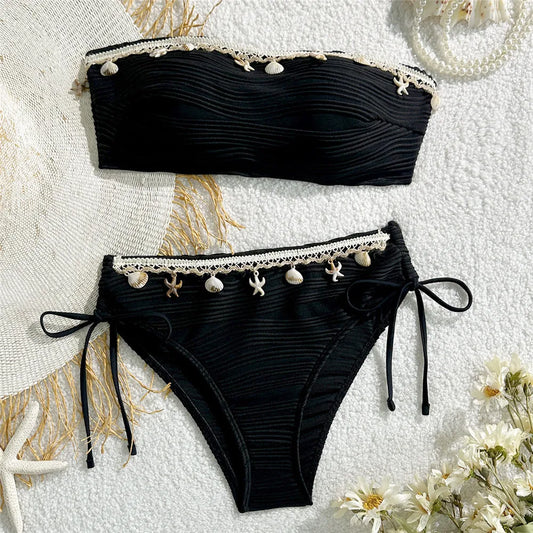 Conjunto de Bikinis Bandeau negros para Mujer, traje de baño Sexy con borde de estrella de mar de concha 2025, traje de baño con textura sólida, Bikini para vacaciones en la playa para Mujer