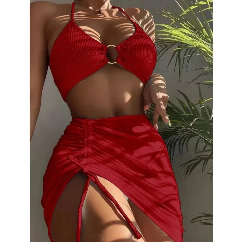 Bikini brasileño de cintura baja para mujer, bañador Sexy de tres piezas, traje de baño de estilo vendaje, ropa de playa