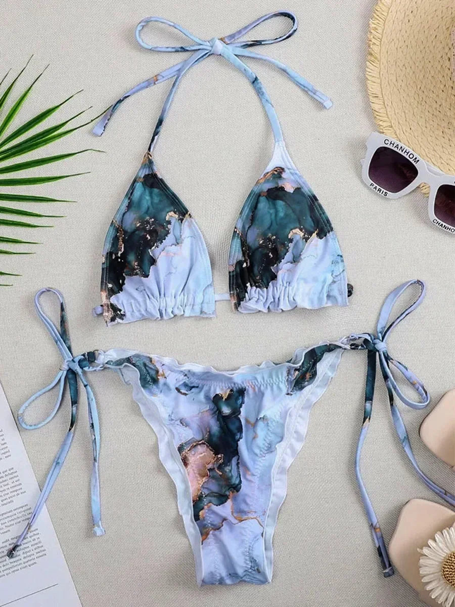 Bikini brasileño acanalado con volantes para mujer, traje de baño femenino, conjunto de Bikini de dos piezas, traje de baño con cordón Halter