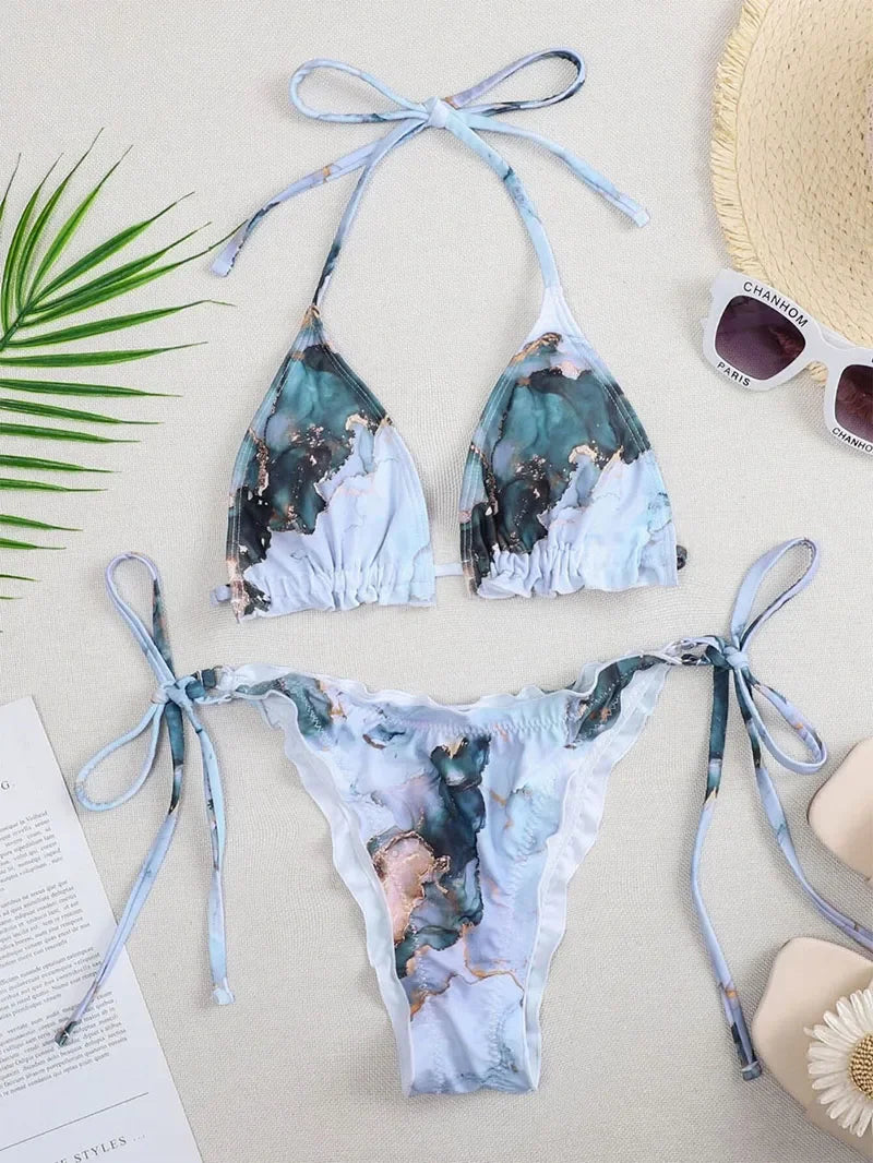 Bikini brasileño acanalado con volantes para mujer, traje de baño femenino, conjunto de Bikini de dos piezas, traje de baño con cordón Halter