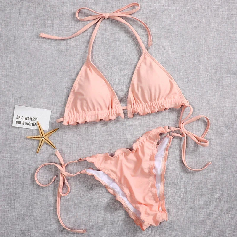 Bikini brasileño acanalado con volantes para mujer, traje de baño femenino, conjunto de Bikini de dos piezas, traje de baño con cordón Halter