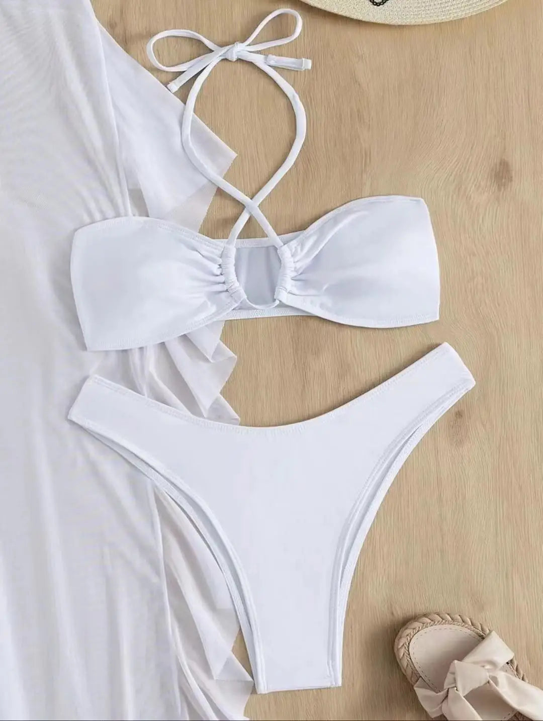 Conjunto de Bikini y cubierta para mujer, traje de baño liso entrecruzado con cuello Halter y pantalones con volantes