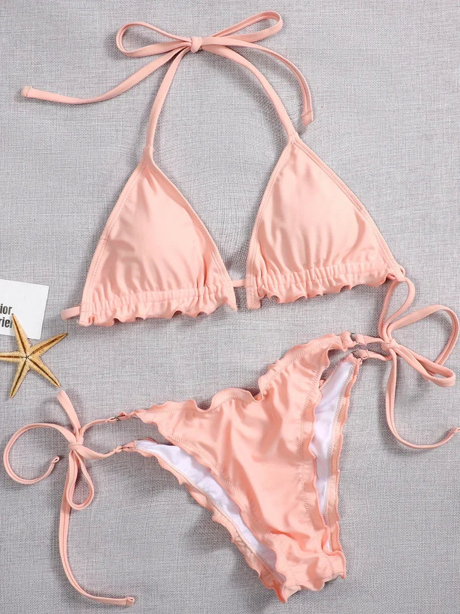 Bikini brasileño acanalado con volantes para mujer, traje de baño femenino, conjunto de Bikini de dos piezas, traje de baño con cordón Halter