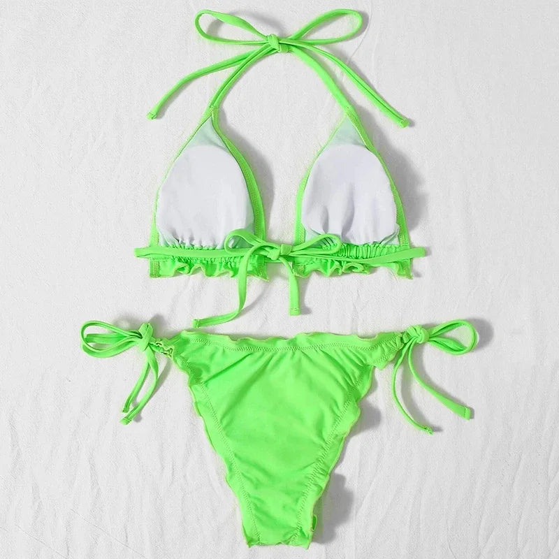 Bikini brasileño acanalado con volantes para mujer, traje de baño femenino, conjunto de Bikini de dos piezas, traje de baño con cordón Halter