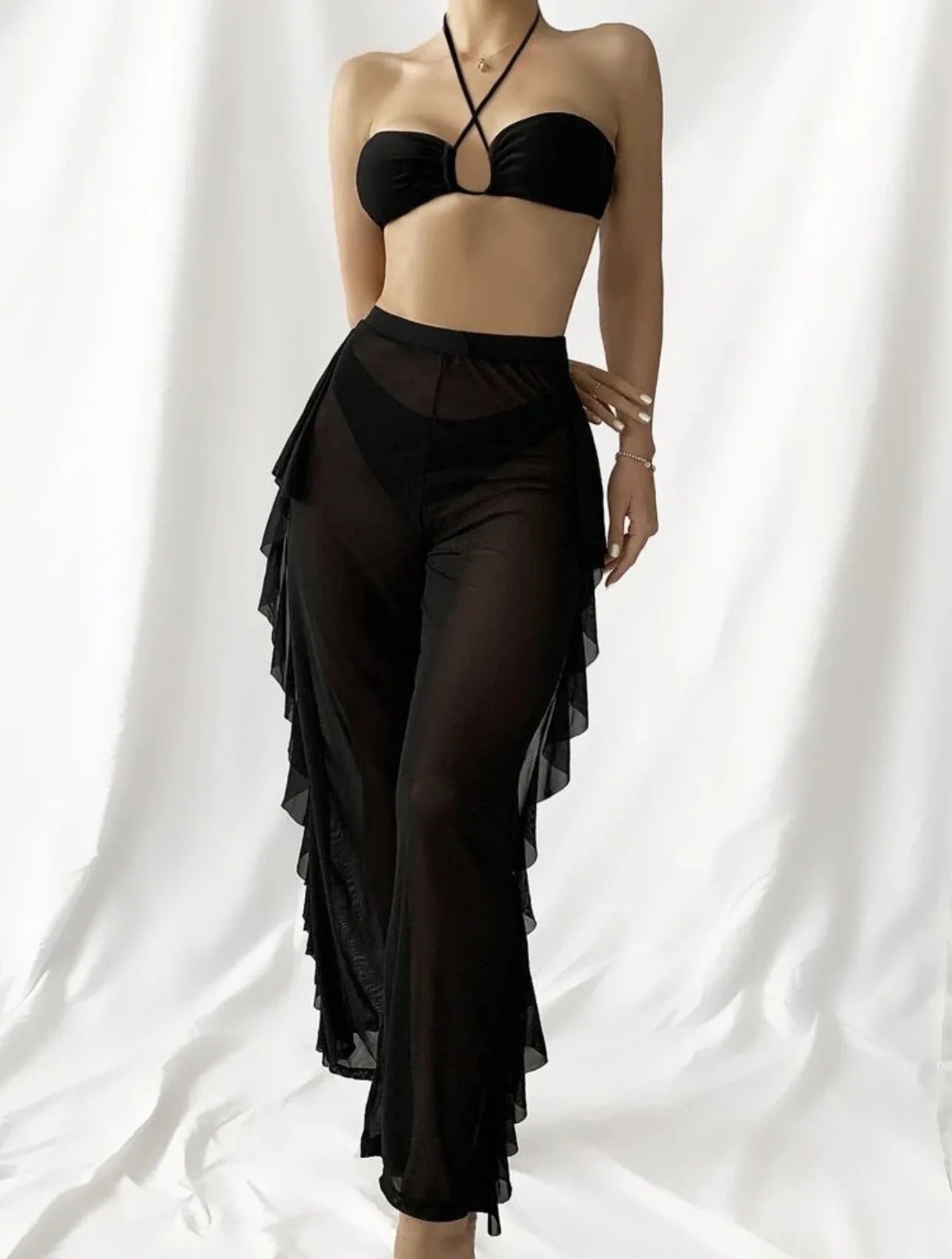 Conjunto de Bikini y cubierta para mujer, traje de baño liso entrecruzado con cuello Halter y pantalones con volantes