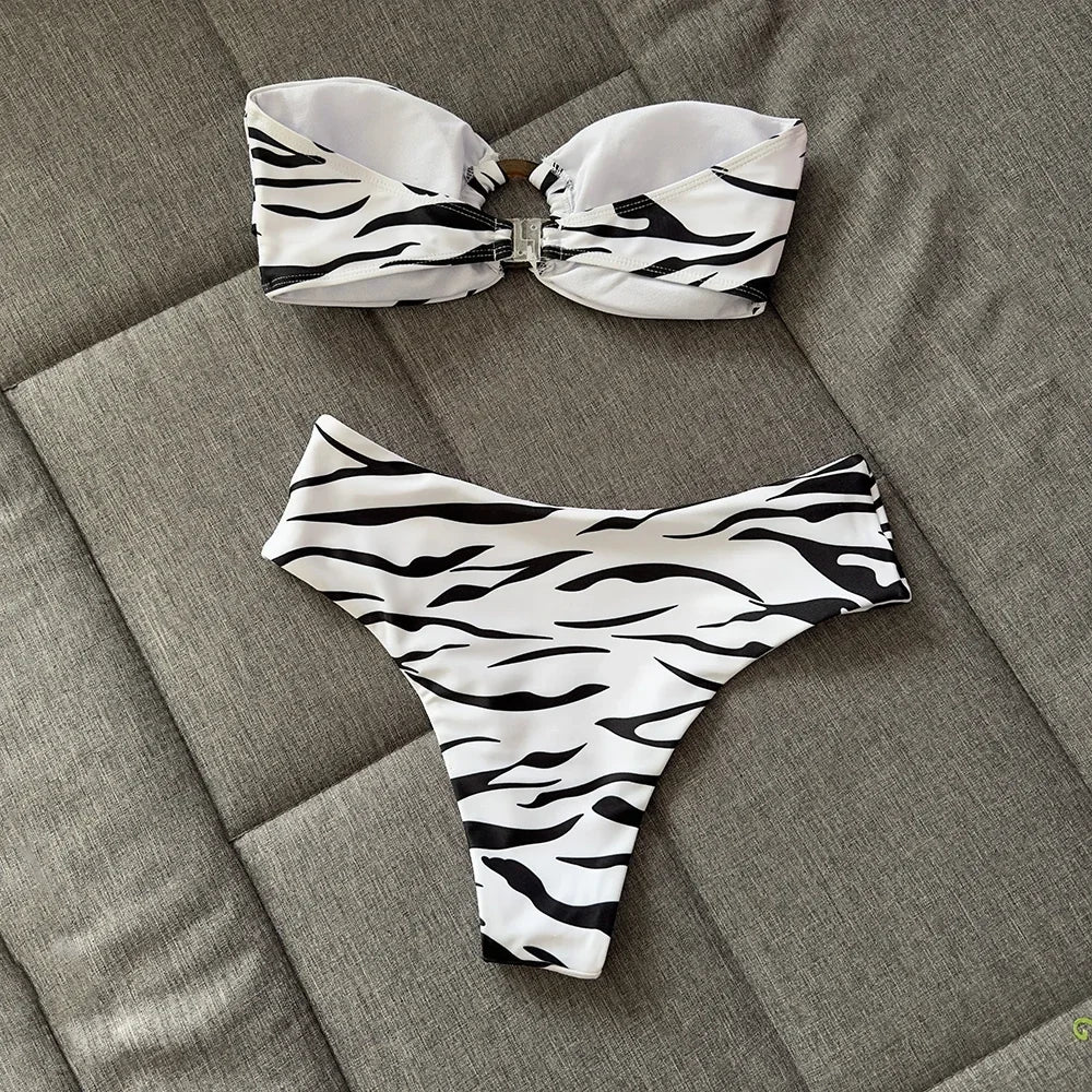 Bikini, traje de baño para mujer, conjunto de Bikini estampado de cintura alta