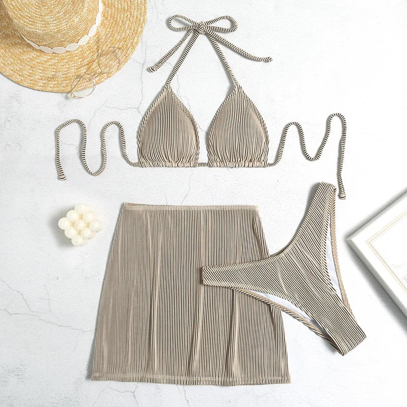Bikinis acanalados de 3 piezas, traje de baño triangular con cuello Halter