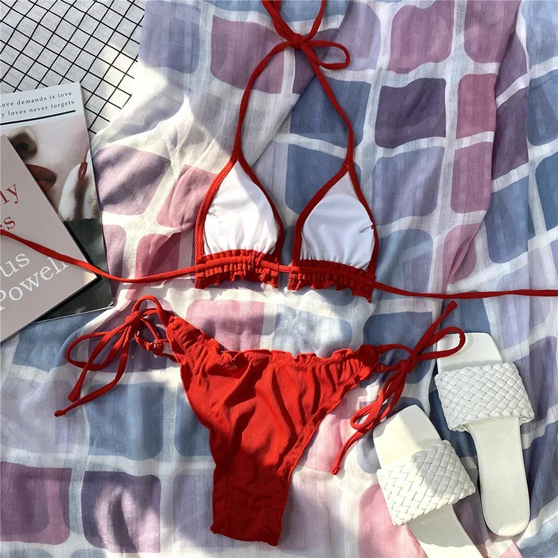 Bikini brasileño acanalado con volantes para mujer, traje de baño femenino, conjunto de Bikini de dos piezas, traje de baño con cordón Halter