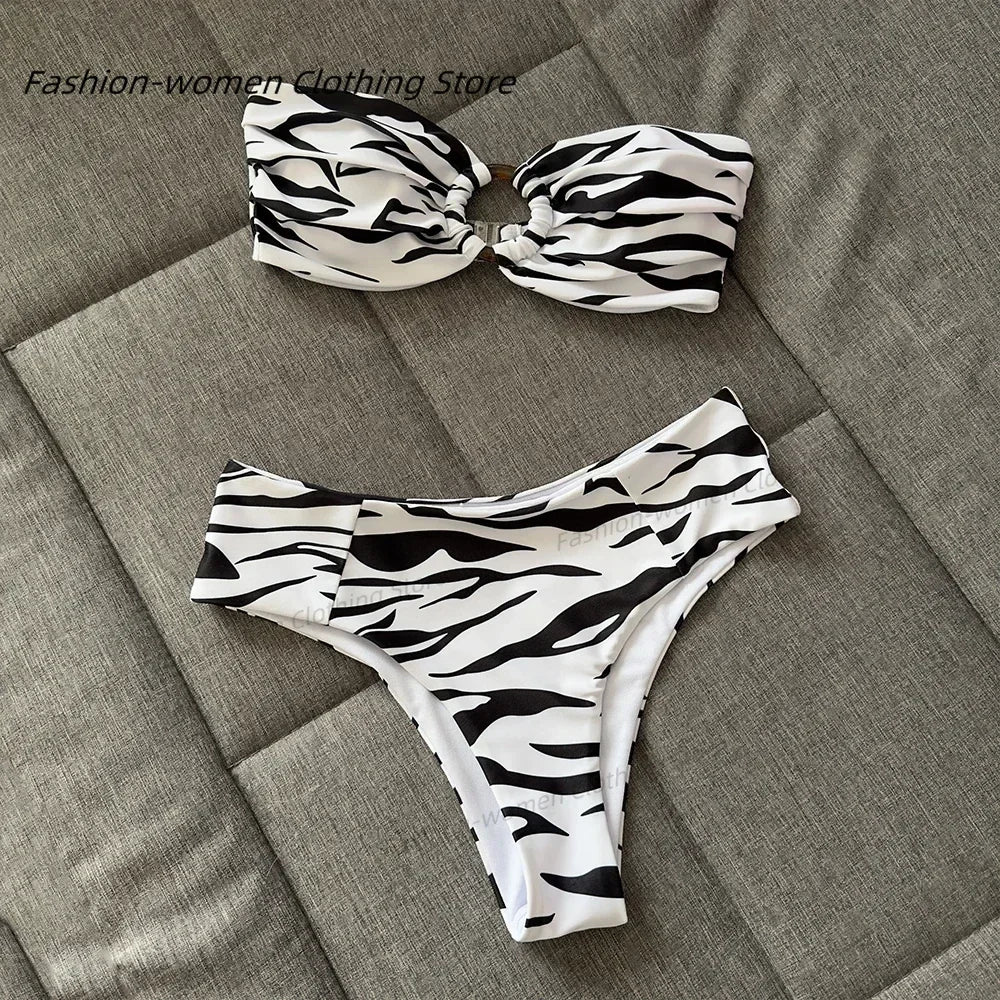 Bikini, traje de baño para mujer, conjunto de Bikini estampado de cintura alta