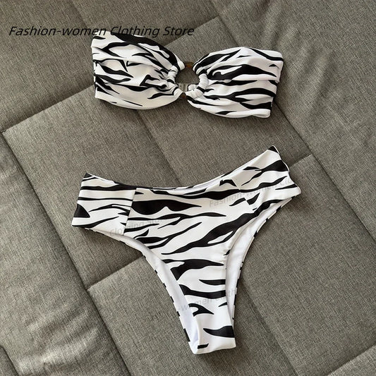 Bikini, traje de baño para mujer, conjunto de Bikini estampado de cintura alta