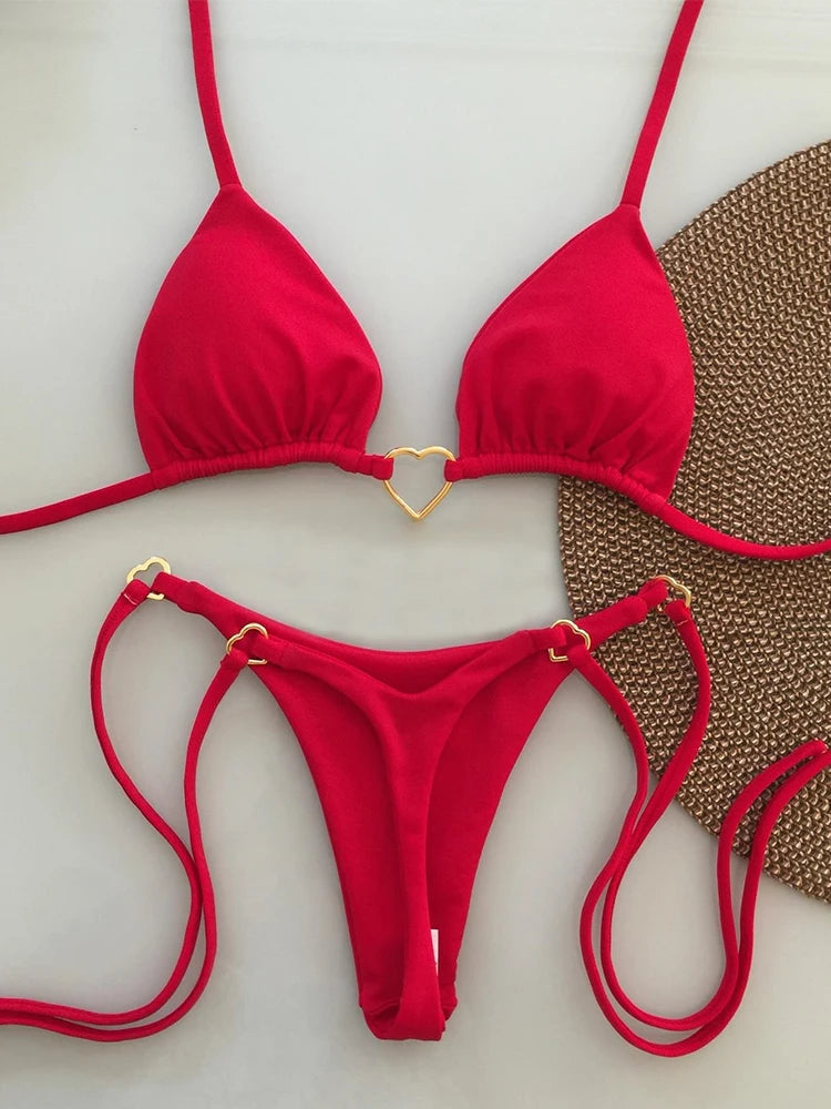 Conjunto de bikini sexy de cintura baja para mujer, traje de baño de verano de color sólido con lazo en la parte delantera y top acolchado para vacaciones en la playa